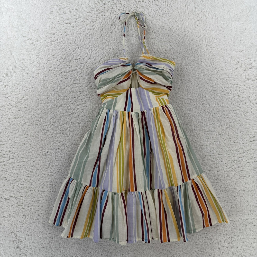 ALEMAIS Axum Tuck Dress Womens 4 Multicolor Stripe Halter Ruffle Hem Mini 466D